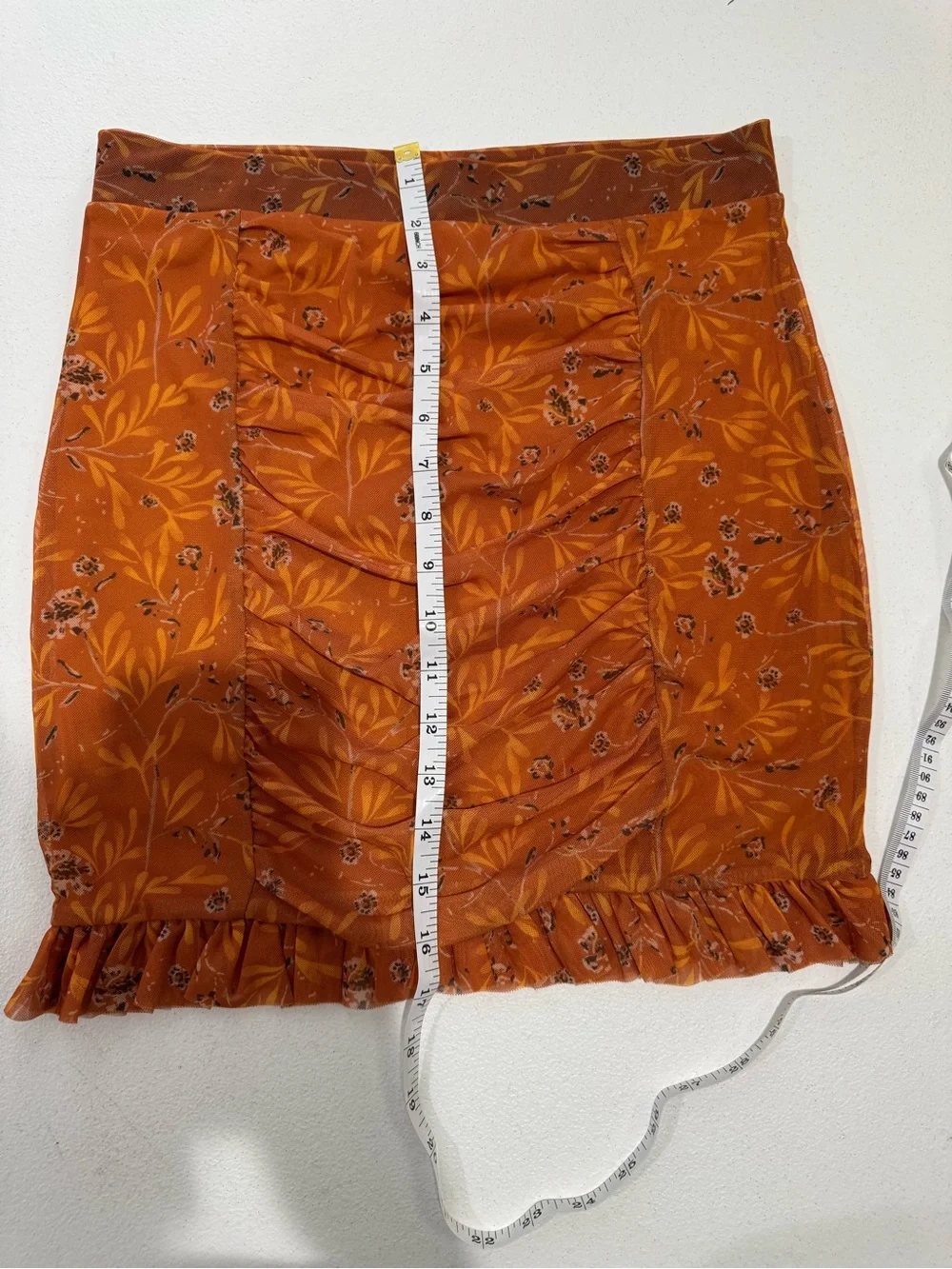 Free People Romi Mesh Ruffle Mini Skirt Orange Floral Ruched Size S